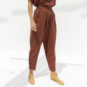 Black Crane | Carpenter Pant Rust Orange 100% Linen Pleated Elastic Waist Size L